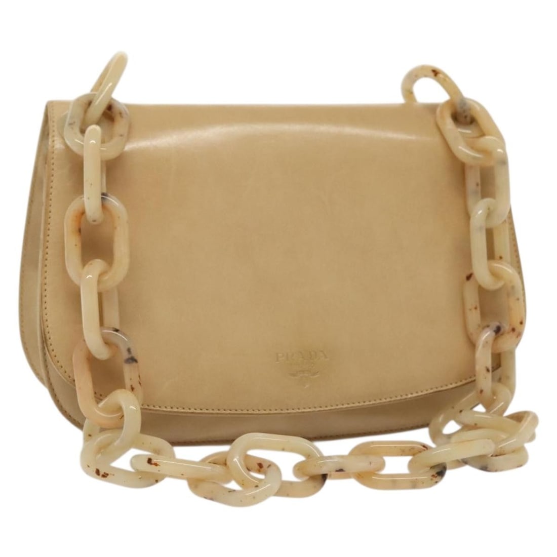PRADA Beige Leather Chain Shoulder Bag Italy 141913: PRADA Beige Leather Chain Shoulder Bag Italy 141913 This PRADA Chain Shoulder Bag is a stylish and sophisticated accessory crafted from high-quality leather in a chic beige color. Made in Italy, this