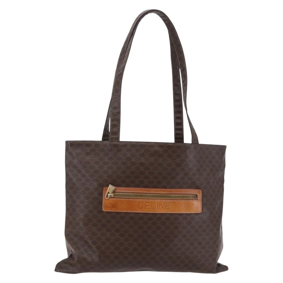 CELINE Macadam Canvas Tote Bag Brown Gold PVC Leather Italy Auth: CELINE Macadam Canvas Tote Bag Brown Gold PVC Leather Italy Auth This CELINE Macadam Canvas Tote Bag features a sophisticated design crafted from durable PVC leather with a stylish brown and gold colo