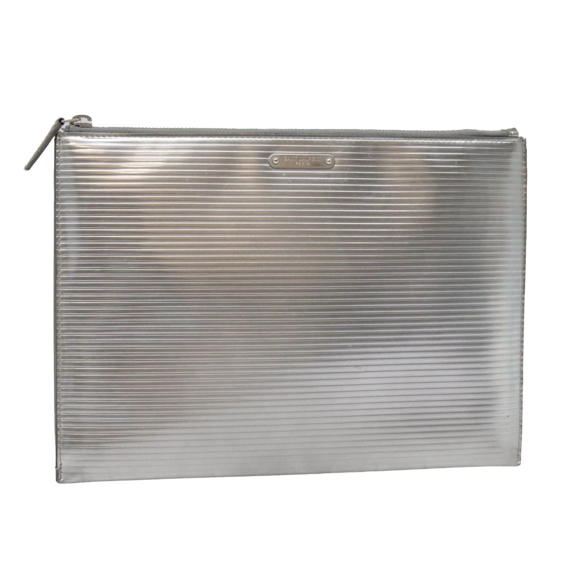 Saint Laurent Silver Enamel Women's Clutch Made in Italy: Saint Laurent Silver Enamel Women's Clutch Made in Italy This Saint Laurent clutch bag features a silver enamel exterior and is designed for women. Made in Italy, the bag measures approximately 11.4 i