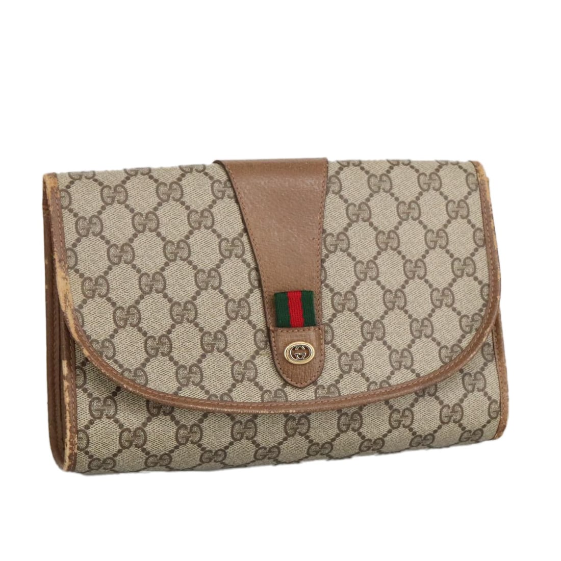 Beige Red GG Supreme Sherry Web Clutch by Gucci PVC Leather 89 01 030: Beige Red GG Supreme Sherry Web Clutch by Gucci PVC Leather 89 01 030 This is a women's Gucci GG Supreme Web Sherry Line clutch bag crafted from beige and red PVC leather with GG canvas accents. The b