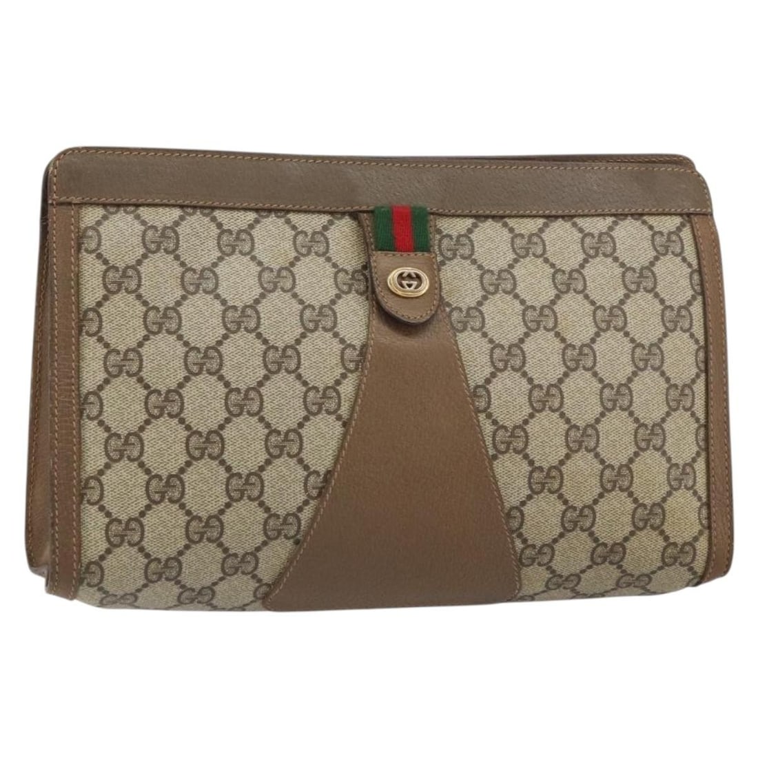 Beige GG Supreme Web Sherry Line Gucci 89 01 033 PVC Clutch Bag: Beige GG Supreme Web Sherry Line Gucci 89 01 033 PVC Clutch Bag This is a Gucci GG Supreme Web Sherry Line clutch bag crafted from beige PVC leather and GG canvas. Made in Italy, the bag features a re