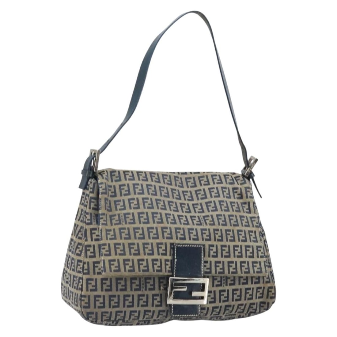Fendi Mamma Baguette Zucchino Canvas Navy Silver Women's Shoulder Bag: Fendi Mamma Baguette Zucchino Canvas Navy Silver Women's Shoulder Bag This is a FENDI Zucchino Canvas Mamma Baguette Shoulder Bag in navy and silver tones. Crafted in Italy, this women's shoulder bag