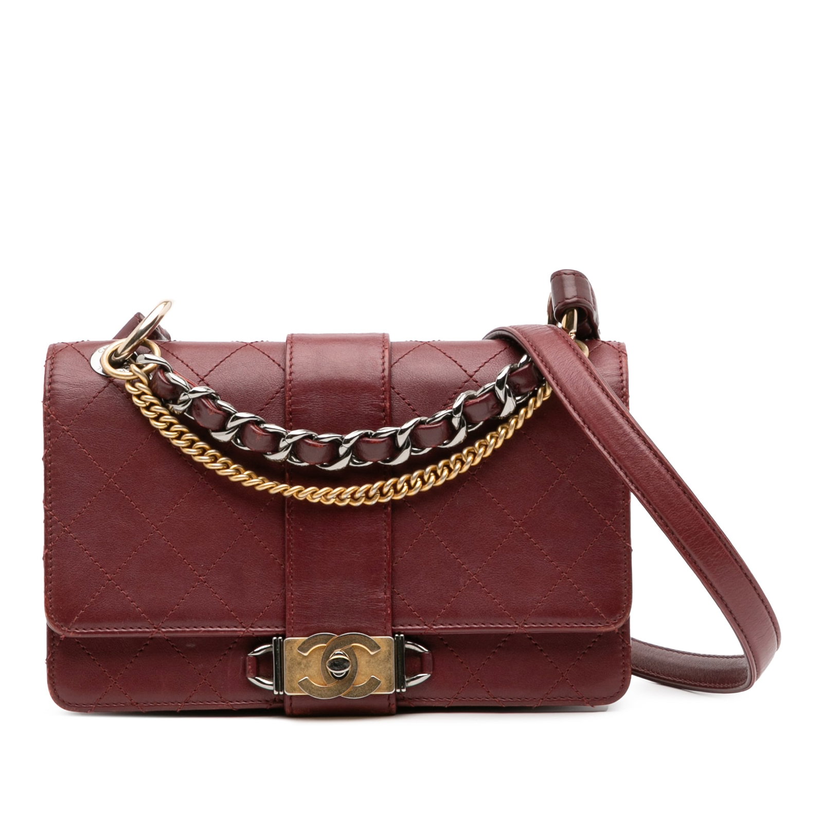 Chanel CC Stitched Calfskin Chain Flap Bag Red Leather Italy (1 of 10)