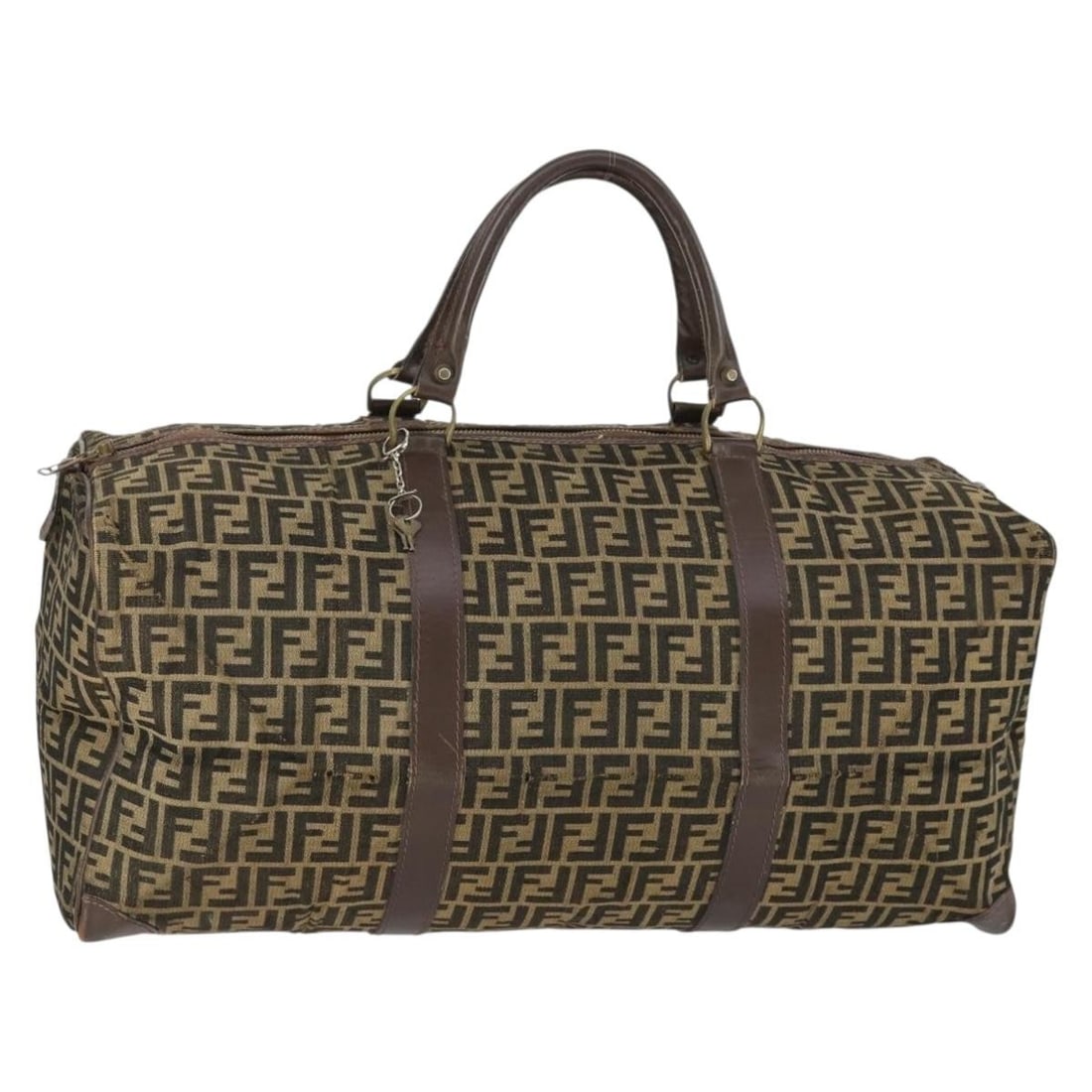 Brown and Black Zucca Canvas Boston Bag by Fendi: Brown and Black Zucca Canvas Boston Bag by Fendi This FENDI Boston bag features the signature Zucca canvas in brown and black tones. Crafted in Italy, the bag offers a spacious interior and sturdy han