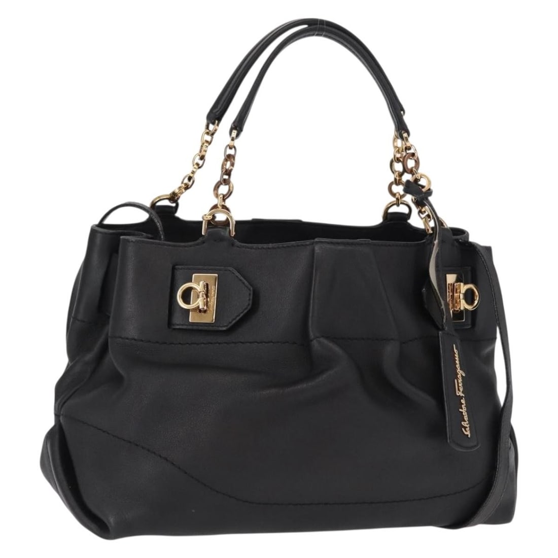 Black Leather Gancini Shoulder and Tote Bag by Salvatore Ferragamo: Black Leather Gancini Shoulder and Tote Bag by Salvatore Ferragamo This Salvatore Ferragamo Gancini handbag features black leather with gold-tone accents and offers both handbag and shoulder bag carry