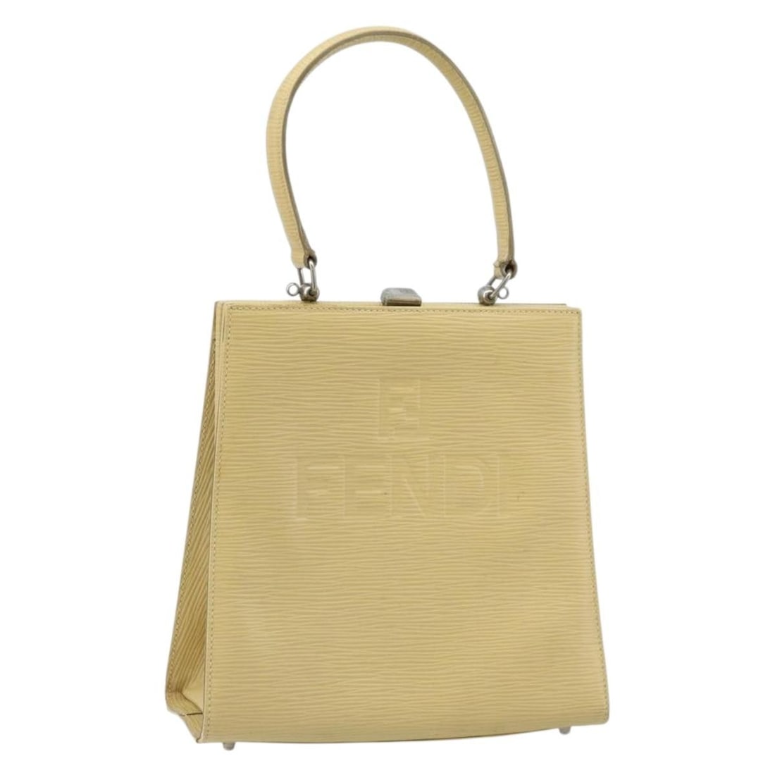 Fendi Ivory Leather Handbag with Silver Accents for Women: Fendi Ivory Leather Handbag with Silver Accents for Women This FENDI handbag is crafted from ivory leather with silver-tone accents. Designed for women, it features a structured silhouette with a sing