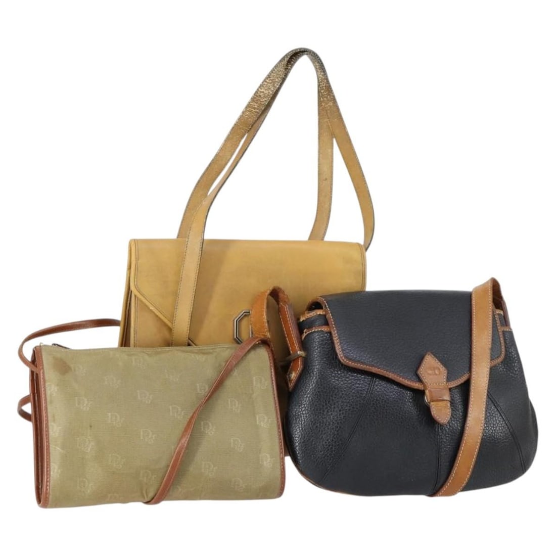 Christian Dior Black Beige Leather Canvas Shoulder Bag Set of 3 Auth (1 of 18)