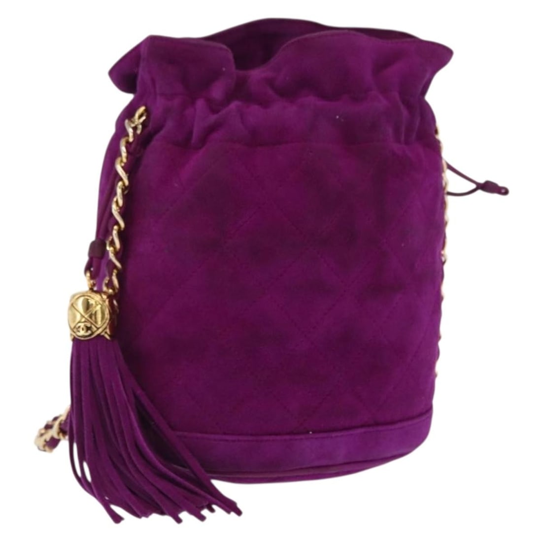Chanel Purple Suede Matelasse Shoulder Bag with Gold Chain and CC Logo: Chanel Purple Suede Matelasse Shoulder Bag with Gold Chain and CC Logo This CHANEL Matelasse chain shoulder bag features a purple suede exterior with gold-tone accents and the iconic CC logo. Designed