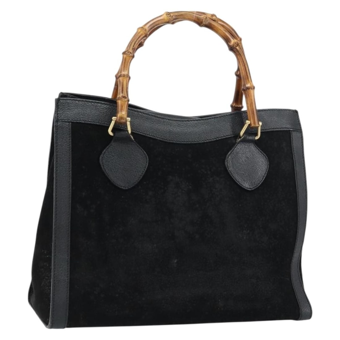 Gucci Bamboo Black Suede Leather Handbag Gold Hardware 002 1186 0260: Gucci Bamboo Black Suede Leather Handbag Gold Hardware 002 1186 0260 This GUCCI bamboo handle handbag is crafted from black suede leather with gold-tone accents. Made in Italy, it features a spacious