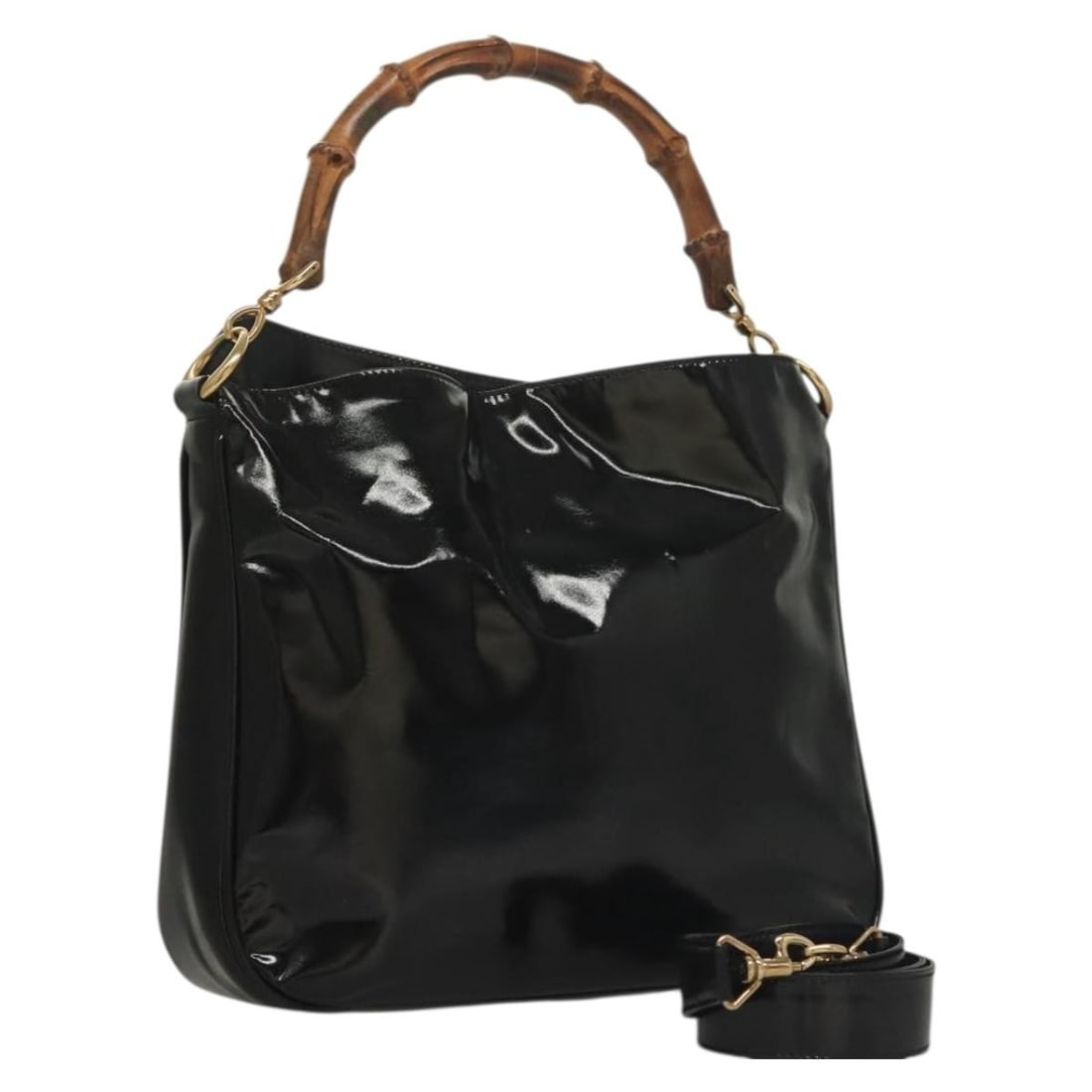 GUCCI Bamboo Hand Bag Enamel Black Gold 001 1705 1638 Auth: GUCCI Bamboo Hand Bag Enamel Black Gold 001 1705 1638 Auth This authentic GUCCI Bamboo Hand Bag is a stylish accessory crafted from high-quality enamel in a striking black and gold color scheme. With