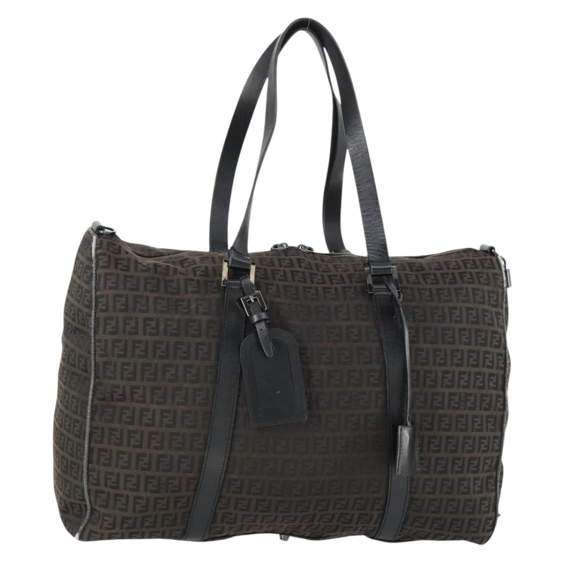 Fendi Zucchino Canvas Boston Bag in Brown and Black with Padlock Accessory: Fendi Zucchino Canvas Boston Bag in Brown and Black with Padlock Accessory This FENDI Boston Bag features the signature Zucchino canvas in brown and black. Made in Italy, it comes with a padlock, key,