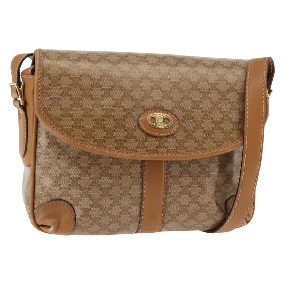 CELINE Macadam Canvas Shoulder Bag PVC Beige Gold Made in Italy: CELINE Macadam Canvas Shoulder Bag PVC Beige Gold Made in Italy This Celine Macadam Canvas Shoulder Bag is a stylish accessory crafted from durable PVC leather in an elegant beige and gold color schem