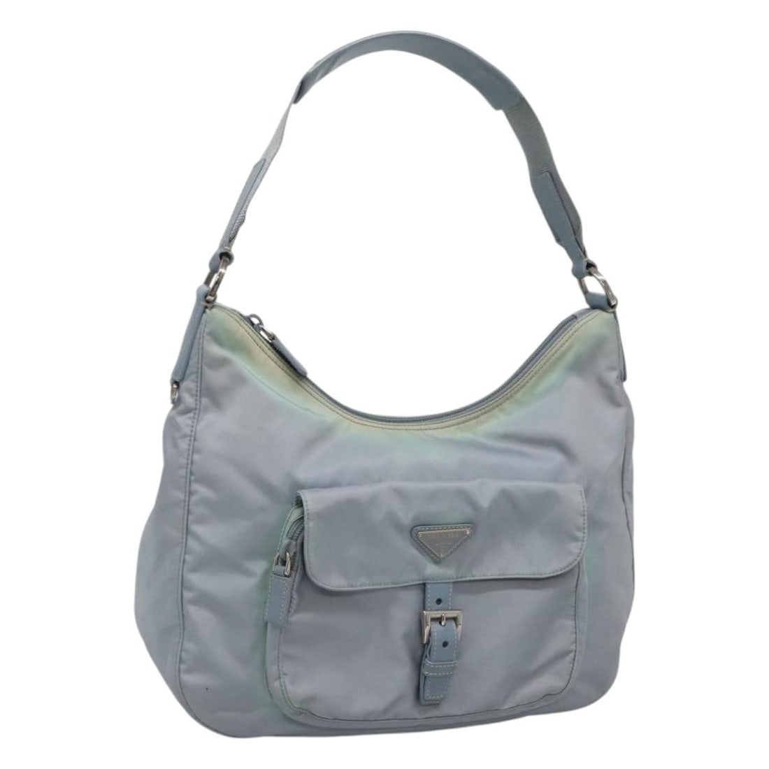 Light Blue Nylon PRADA Shoulder Bag for Women Made in Italy: Light Blue Nylon PRADA Shoulder Bag for Women Made in Italy This PRADA shoulder bag features a light blue nylon exterior and is designed for women. The bag is made in Italy and offers a practical size