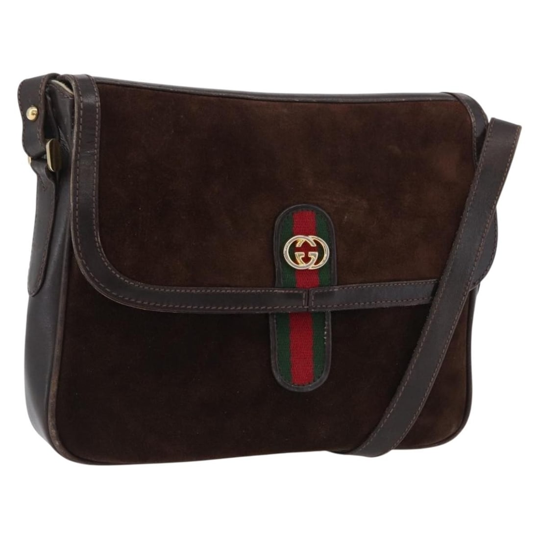 Gucci Brown Gold Suede Shoulder Bag Made in Italy BA10425: Gucci Brown Gold Suede Shoulder Bag Made in Italy BA10425 This Gucci shoulder bag from the Web Sherry Line features a brown suede exterior with gold-tone accents. Designed in Italy, the bag measures a