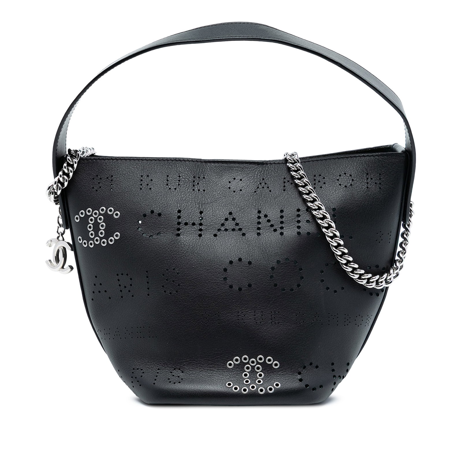 Chanel Black Leather Bucket Bag with Perforated Eyelet Logo Detail (1 of 7)