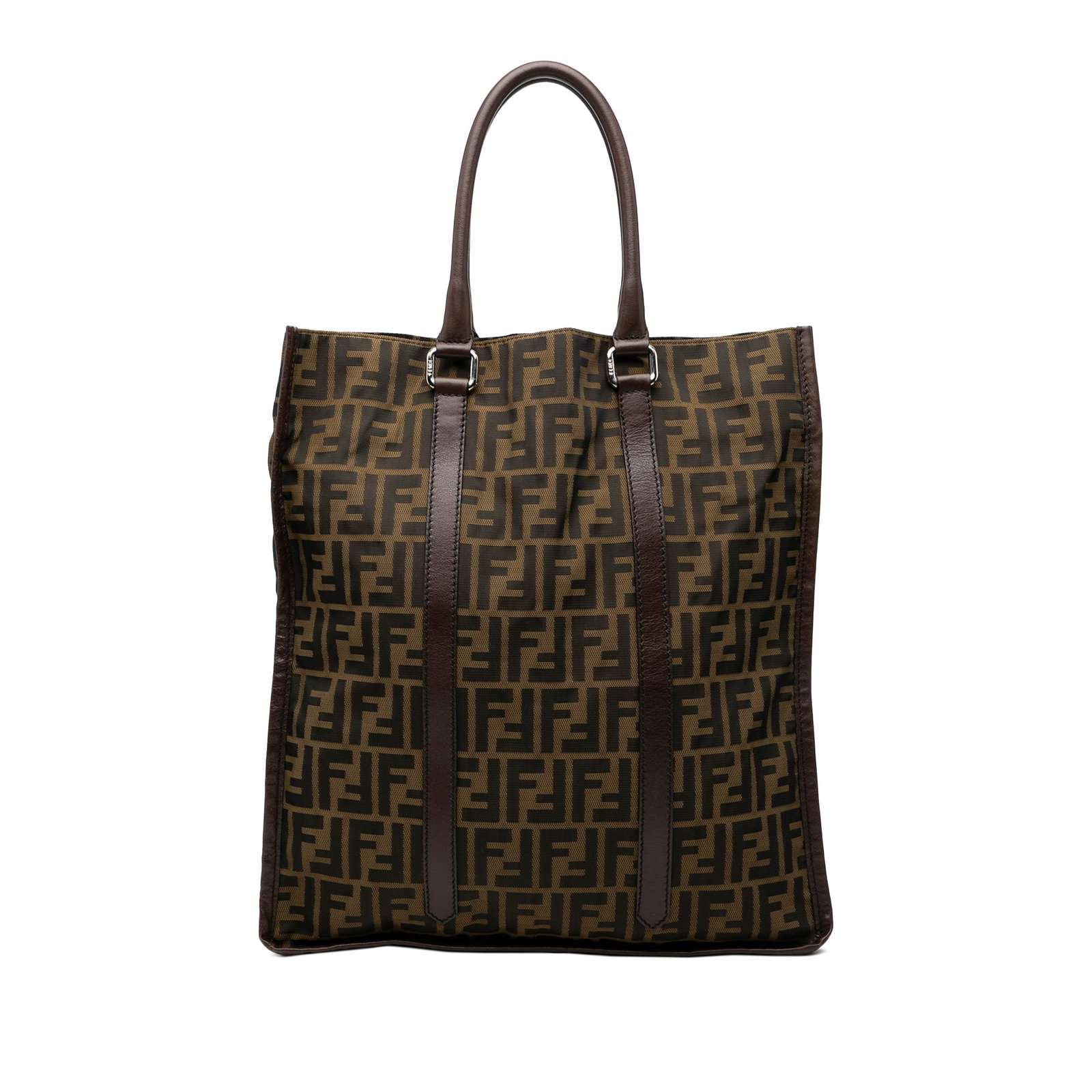 Brown Fendi Zucca Coated Canvas Vertical Tote with Leather Handles: Brown Fendi Zucca Coated Canvas Vertical Tote with Leather Handles This Fendi Zucca Canvas Vertical Tote features a coated canvas body with leather trim, rolled leather handles, an open top, and inter