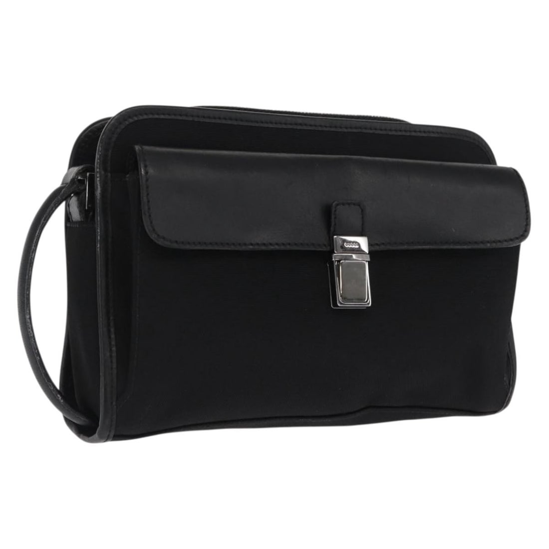 Black Nylon GUCCI 108844 Silver Accent Clutch Bag: Black Nylon GUCCI 108844 Silver Accent Clutch Bag This is a GUCCI clutch bag crafted from black nylon with silver-tone accents. The bag features a compact design, suitable for carrying essentials, and