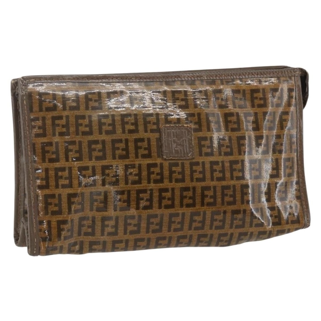 Brown Zucchino Canvas PVC Leather Clutch by FENDI Made in Italy: Brown Zucchino Canvas PVC Leather Clutch by FENDI Made in Italy This Fendi clutch bag features the classic Zucchino canvas combined with PVC leather in a brown color. Made in Italy, it measures approx
