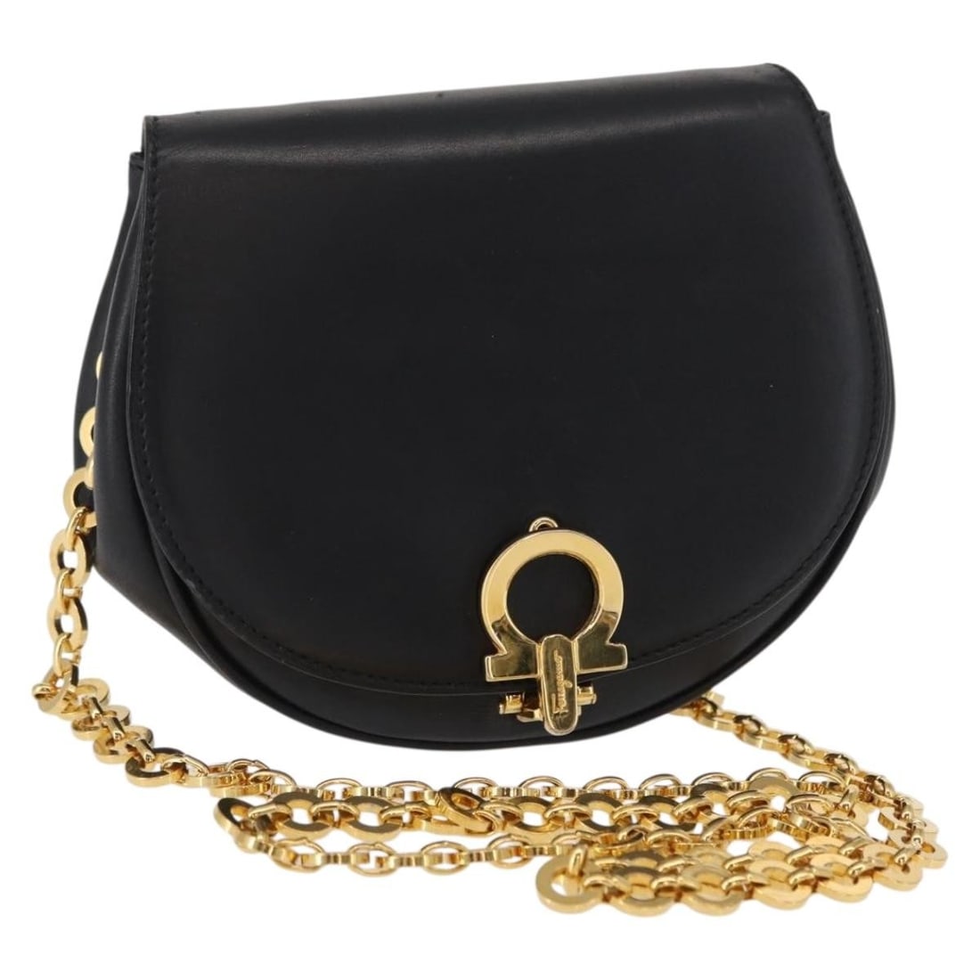 Black Leather Shoulder Bag by Salvatore Ferragamo with Gold Chain Detail: Black Leather Shoulder Bag by Salvatore Ferragamo with Gold Chain Detail This Salvatore Ferragamo Gancini chain shoulder bag is crafted from black leather with gold-tone accents. Designed as a compact