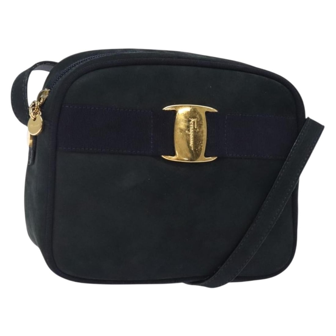 Salvatore Ferragamo Vala Navy Suede Shoulder Bag Gold Accents Auth BA4188 (1 of 18)