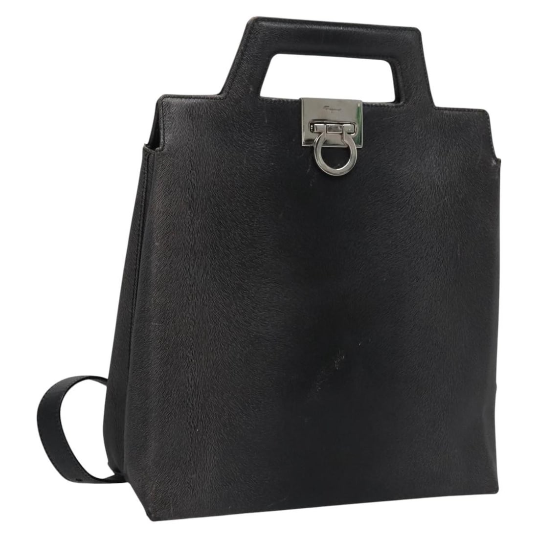 Salvatore Ferragamo Gancini Black Leather Convertible Handbag with Silver Hardware: Salvatore Ferragamo Gancini Black Leather Convertible Handbag with Silver Hardware This Salvatore Ferragamo Gancini handbag is crafted from black leather with silver-tone accents. Designed for women,