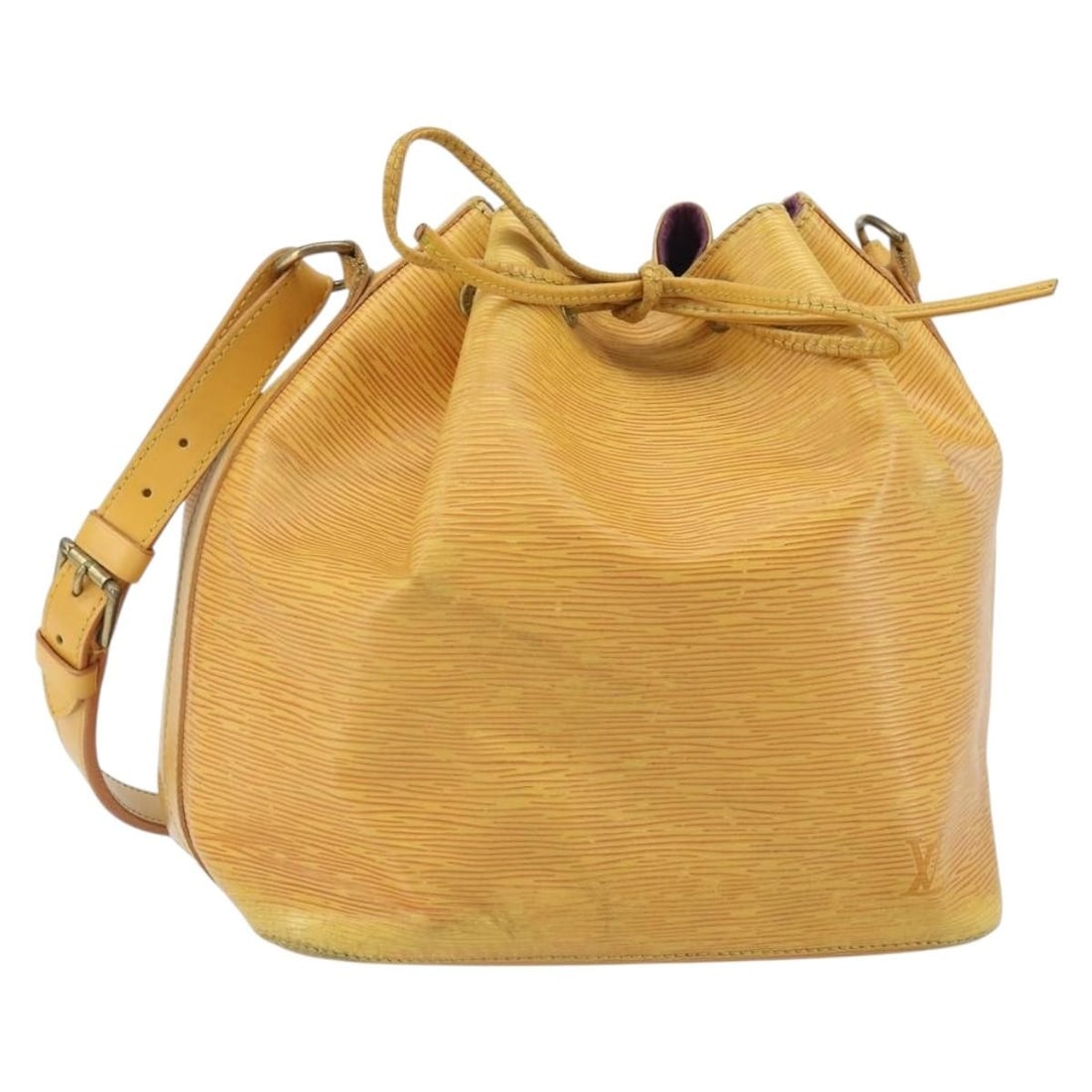 Yellow Epi Leather Petit Noe Shoulder Bag by Louis Vuitton M44109: Yellow Epi Leather Petit Noe Shoulder Bag by Louis Vuitton M44109 This is a Louis Vuitton Petit Noe shoulder bag crafted from yellow Epi leather. It features an adjustable shoulder strap and a drawstr