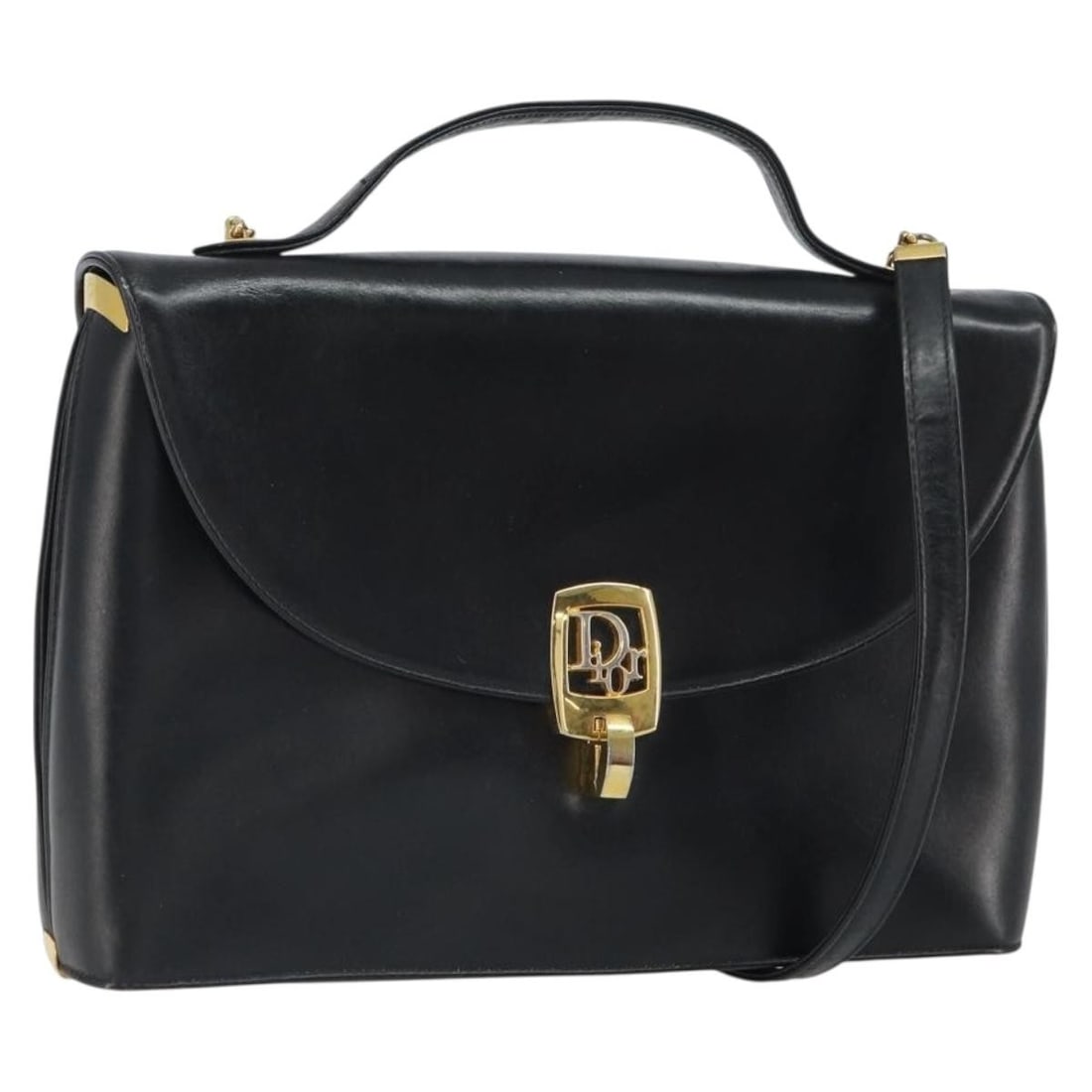Black Calfskin Christian Dior Two Way Leather Handbag Gold Accents (1 of 18)