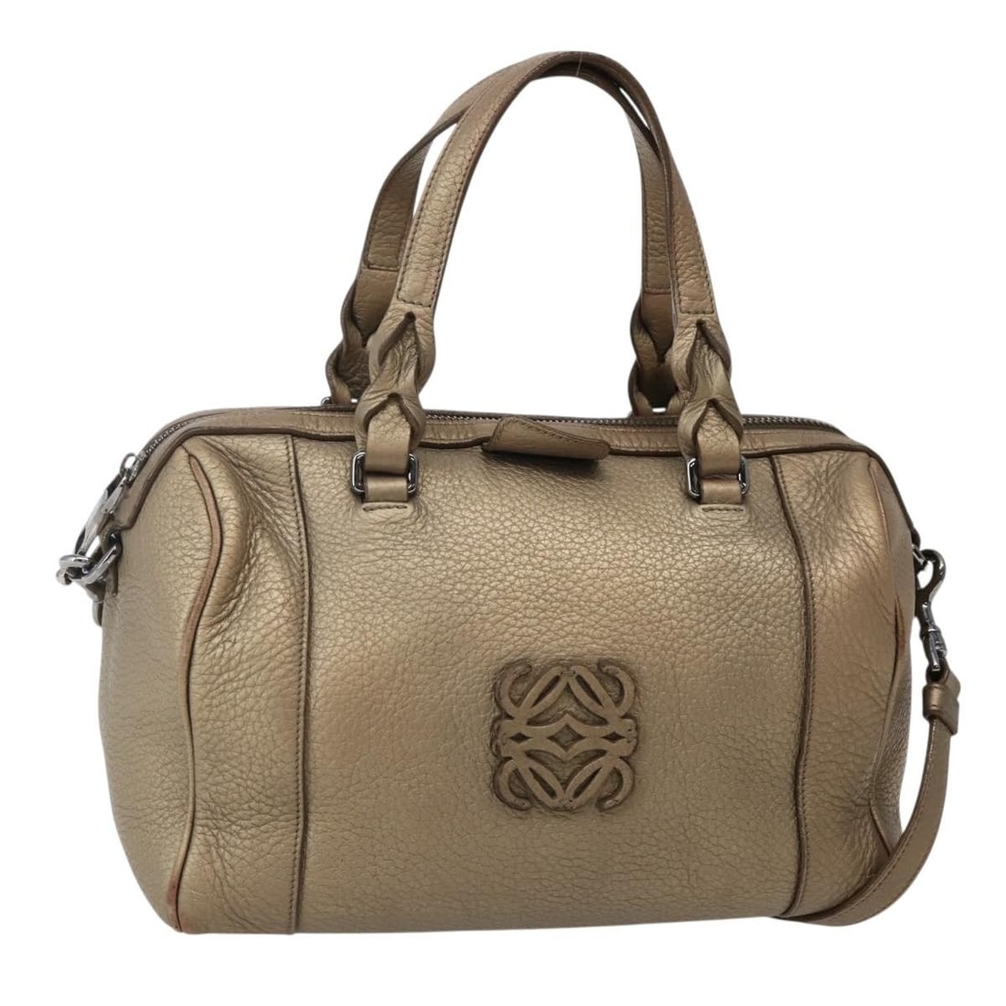 LOEWE Anagram Gold Leather Hand Bag 2way Authentic Spain: LOEWE Anagram Gold Leather Hand Bag 2way Authentic Spain This LOEWE Anagram Hand Bag is a stylish accessory crafted from high-quality leather, featuring a stunning gold exterior. Designed for versatil