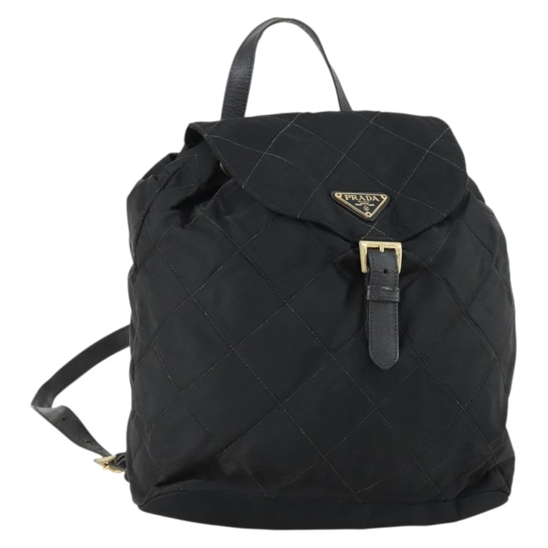 Prada Black Nylon Backpack with Gold Accents Made in Italy: Prada Black Nylon Backpack with Gold Accents Made in Italy This PRADA backpack is crafted from black nylon with gold-tone accents. Made in Italy, it features a spacious design with an approximate heig