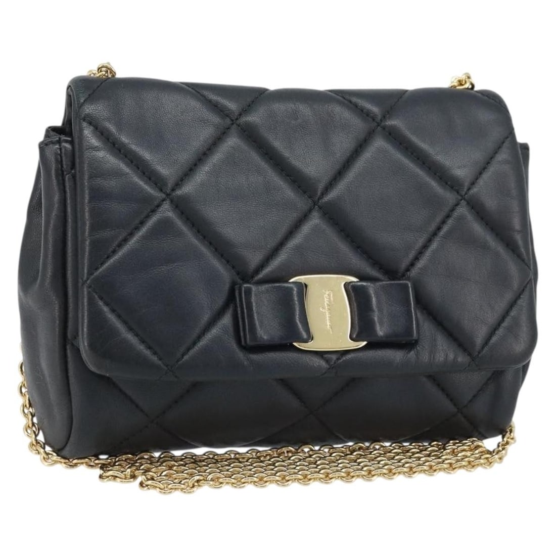 Ferragamo Vara Leather Shoulder Bag Black Gold Chain Italy: Ferragamo Vara Leather Shoulder Bag Black Gold Chain Italy This Salvatore Ferragamo Vala chain shoulder bag features black leather with gold-tone accents. Designed for women, the bag offers a compact