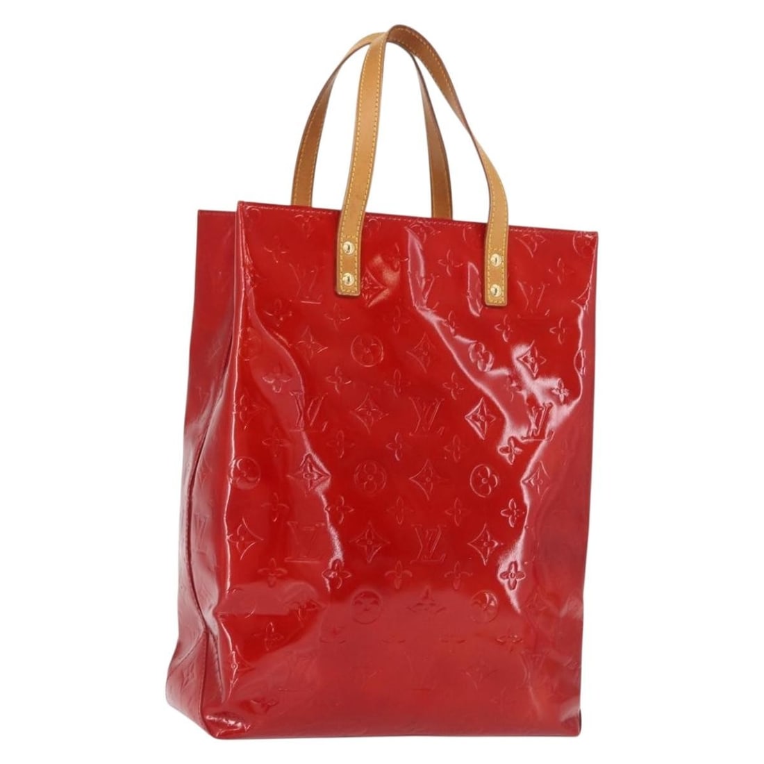 Louis Vuitton Reade MM Monogram Vernis Red Patent Leather Tote M91086: Louis Vuitton Reade MM Monogram Vernis Red Patent Leather Tote M91086 This Louis Vuitton Monogram Vernis Reade MM handbag features a striking red patent leather exterior. Made in France, the bag is cr