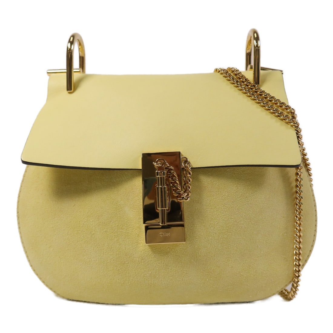 Chloe Drew Yellow Shoulder Bag in Suede and Lambskin with Gold Hardware: Chloe Drew Yellow Shoulder Bag in Suede and Lambskin with Gold Hardware This Chloe Drew shoulder bag features a yellow suede and lambskin leather exterior with a chain shoulder strap. It is designed f