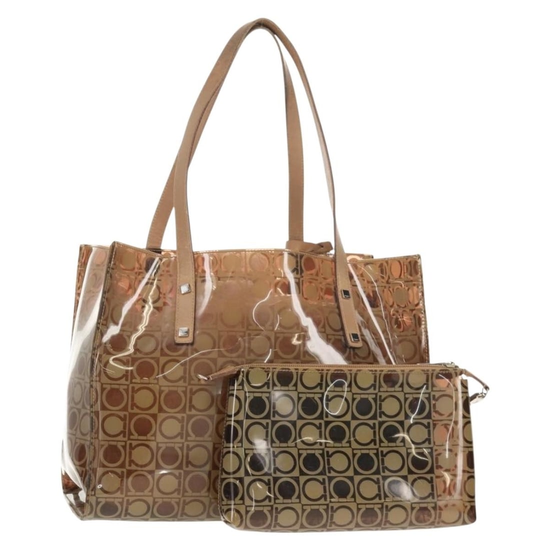 Salvatore Ferragamo Gancini Tote Bag Vinyl Brown Silver Made in Italy: Salvatore Ferragamo Gancini Tote Bag Vinyl Brown Silver Made in Italy This authentic Salvatore Ferragamo Gancini Tote Bag showcases a stylish blend of brown and silver vinyl. Crafted in Italy, it feat