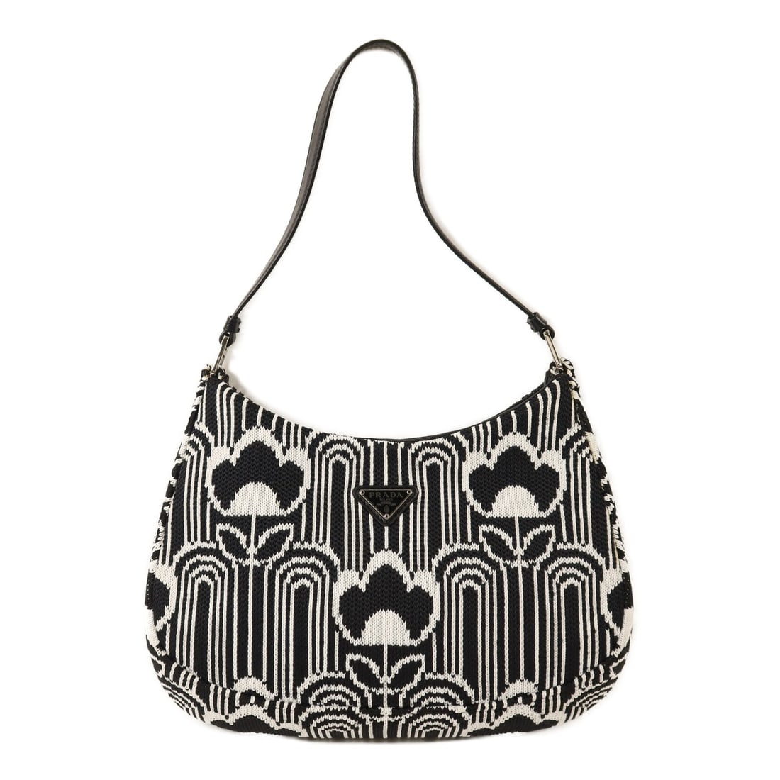 Prada Cleo Black and White Knit Fabric Shoulder Bag Silver Hardware: Prada Cleo Black and White Knit Fabric Shoulder Bag Silver Hardware This Prada Cleo shoulder bag features a sophisticated black and white knit fabric exterior with a sleek silhouette. Designed for wom