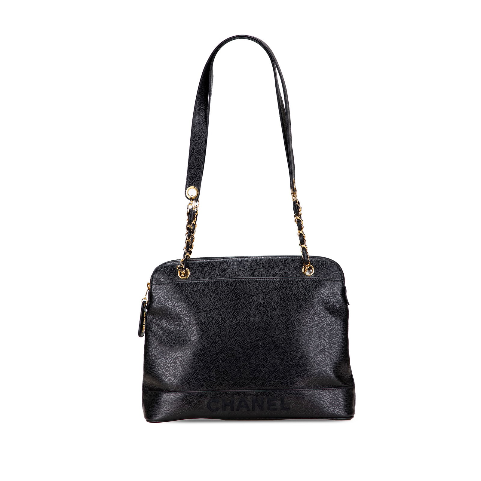 Chanel Caviar Logo Black Shoulder Bag with Gold Chain: Chanel Caviar Logo Black Shoulder Bag with Gold Chain The Chanel Caviar Logo Shoulder Bag is a stylish accessory crafted from luxurious caviar leather. This elegant bag features flat leather straps wi