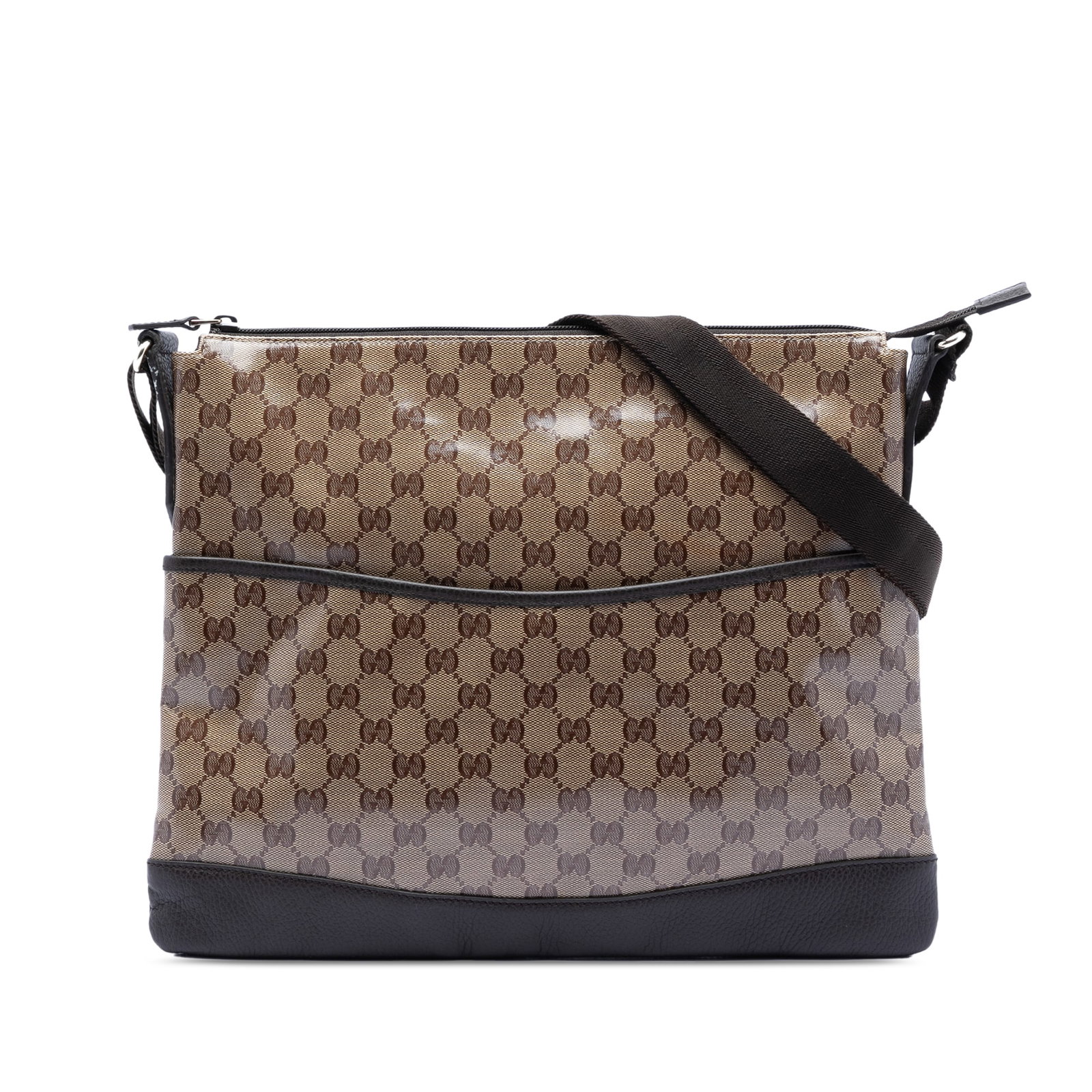 Gucci GG Crystal Brown Coated Canvas Crossbody Bag with Leather Trim: Gucci GG Crystal Brown Coated Canvas Crossbody Bag with Leather Trim This Gucci GG Crystal Crossbody bag features a coated canvas body with leather trim, an adjustable flat canvas shoulder strap, a to
