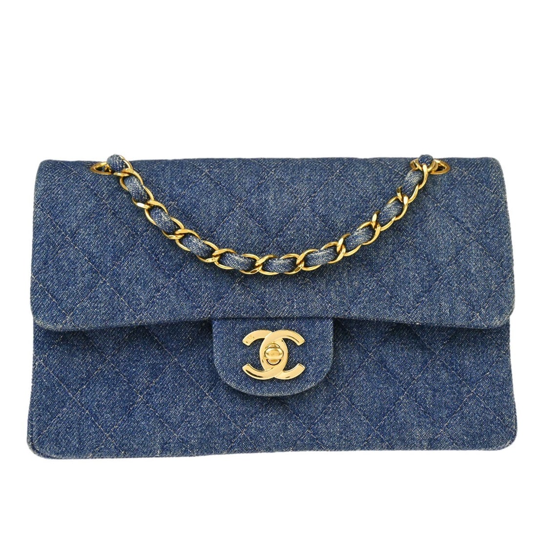 Chanel Classic Double Flap Shoulder Bag Blue Denim with Authenticity: Chanel Classic Double Flap Shoulder Bag Blue Denim with Authenticity Discover the elegance of the Chanel Blue Denim Small Classic Double Flap Shoulder Bag, featuring a striking matelasse pattern. This