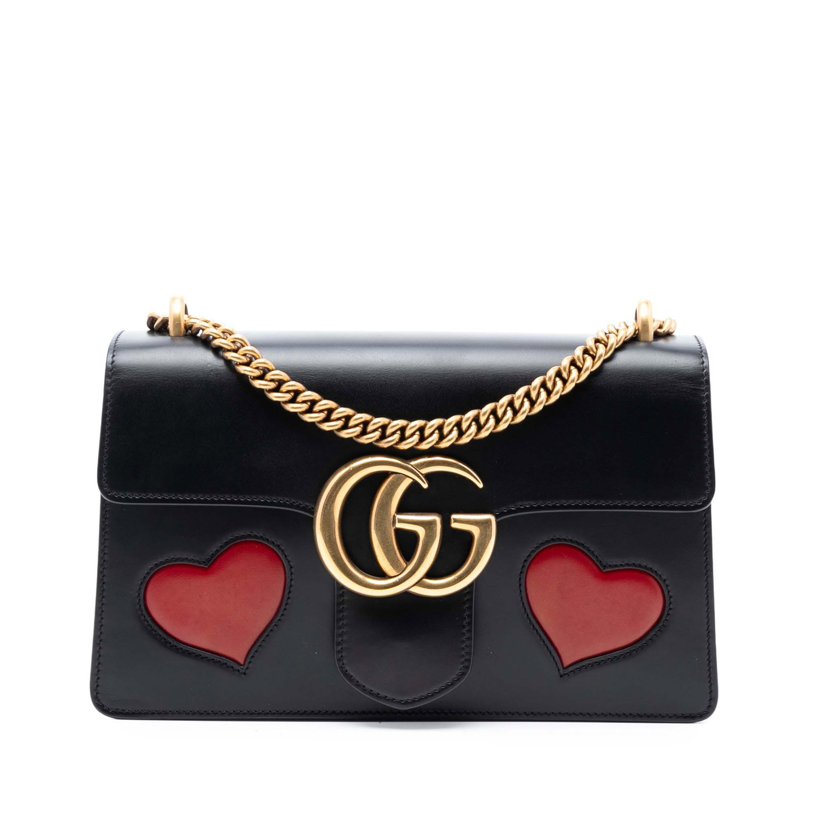 Gucci GG Marmont Medium Black Leather Shoulder Bag with Heart Patch: Gucci GG Marmont Medium Black Leather Shoulder Bag with Heart Patch This Gucci Medium GG Marmont shoulder bag is crafted from leather and features gold-tone chain shoulder straps, a top flap with magn
