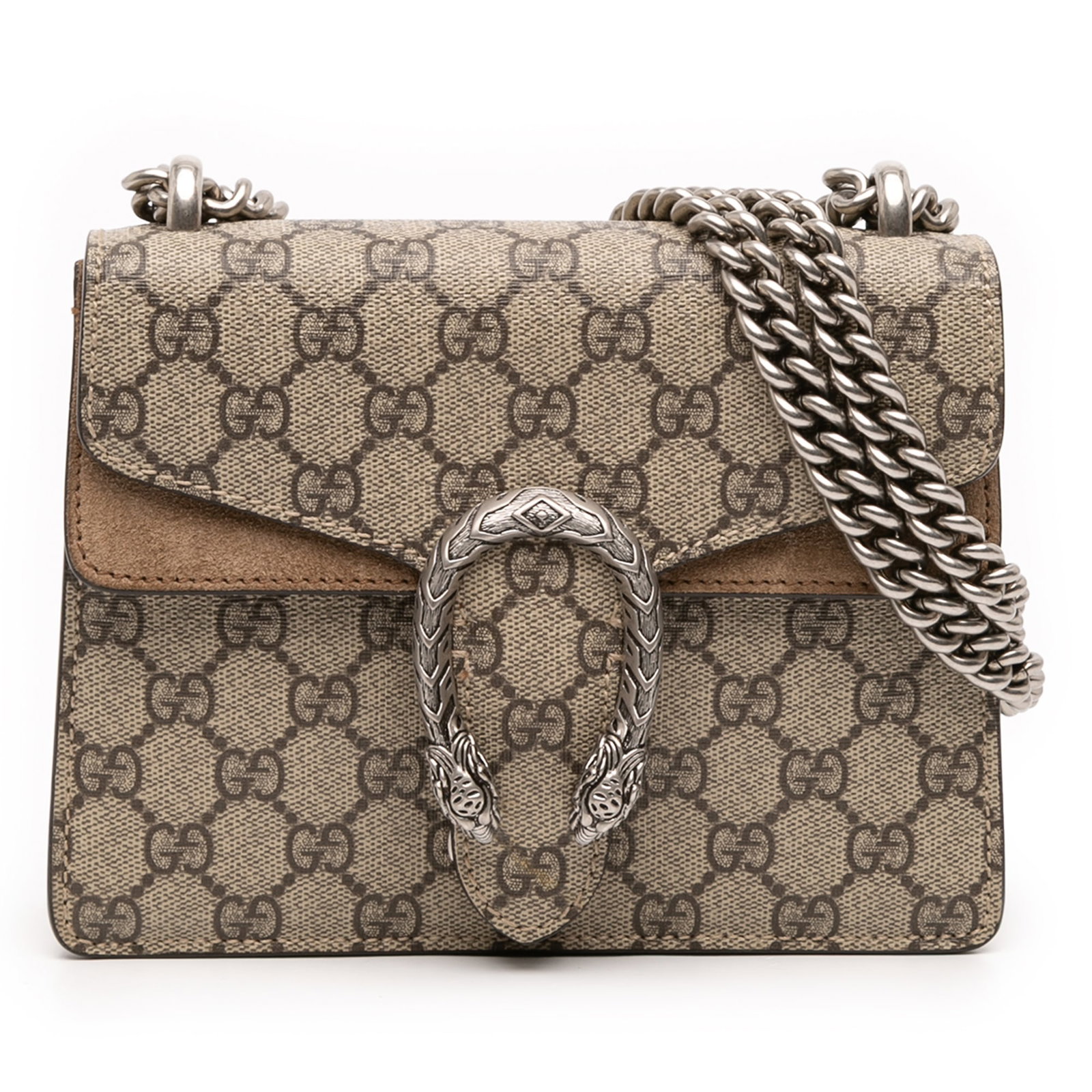 Gucci Dionysus Small GG Supreme Beige Canvas Crossbody Bag: Gucci Dionysus Small GG Supreme Beige Canvas Crossbody Bag This Gucci Small GG Supreme Dionysus Crossbody bag features a coated canvas exterior with suede leather trim and a silver-tone curb chain lin