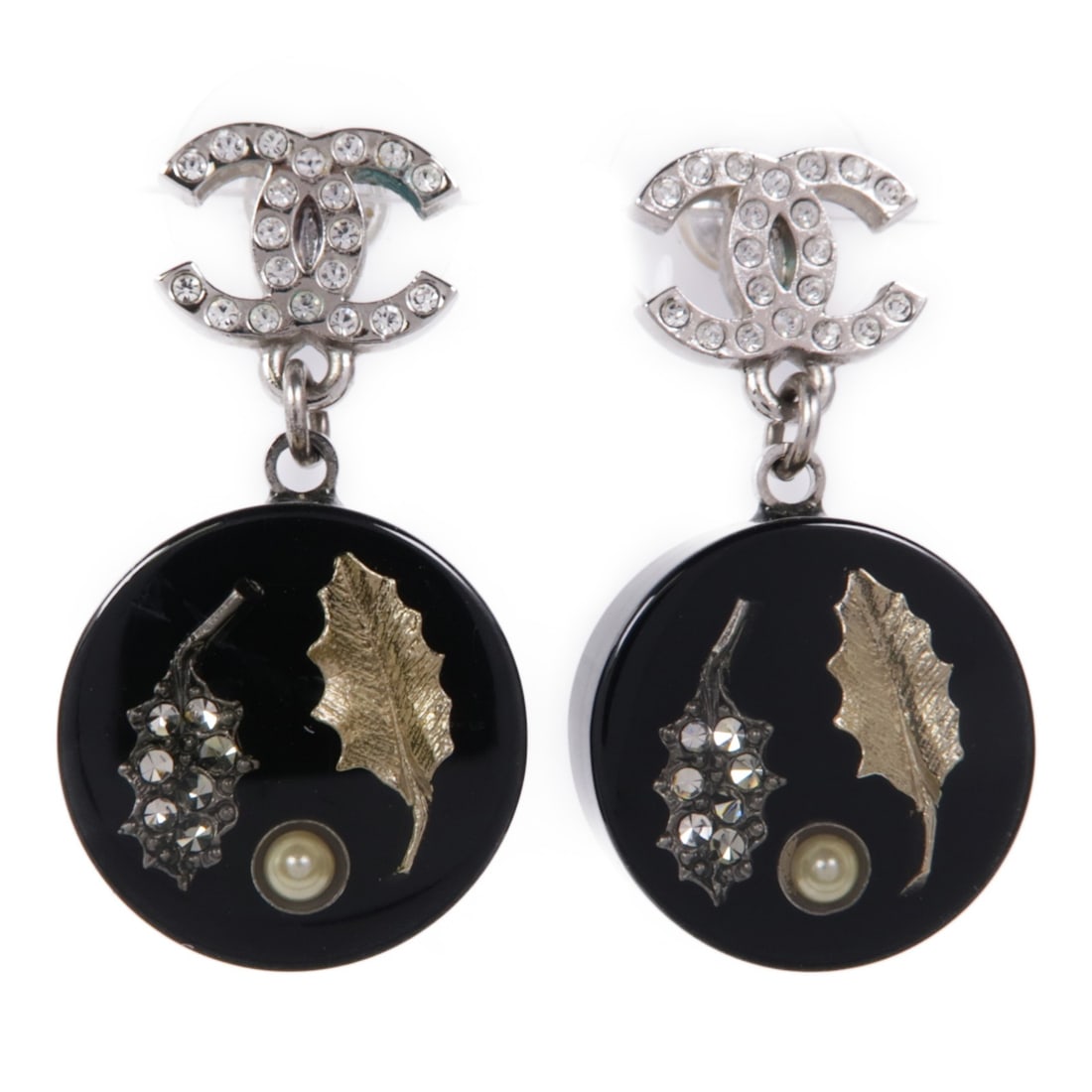 Chanel CC Pierced Earrings Black Silver Elegant Design (1 of 8)