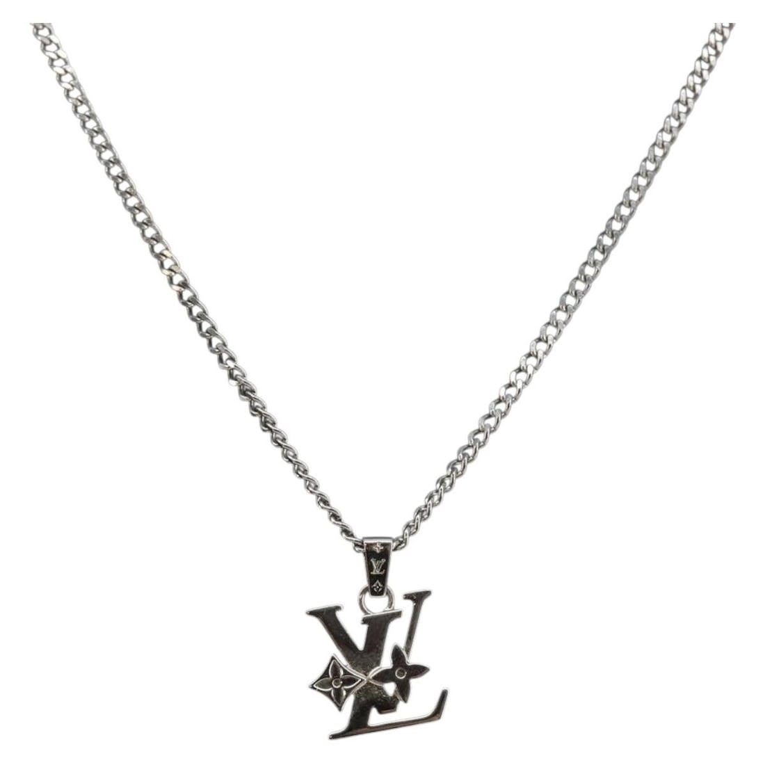 LOUIS VUITTON Monogram Row Necklace Silver Metal M02254 Authentic (1 of 18)