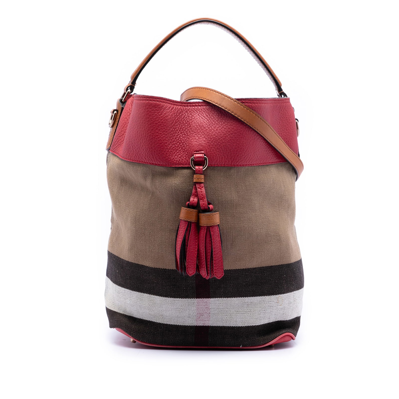 Burberry Ashby Bucket Bag Mega Check Canvas Grained Calfskin Tassel Medium (1 of 8)