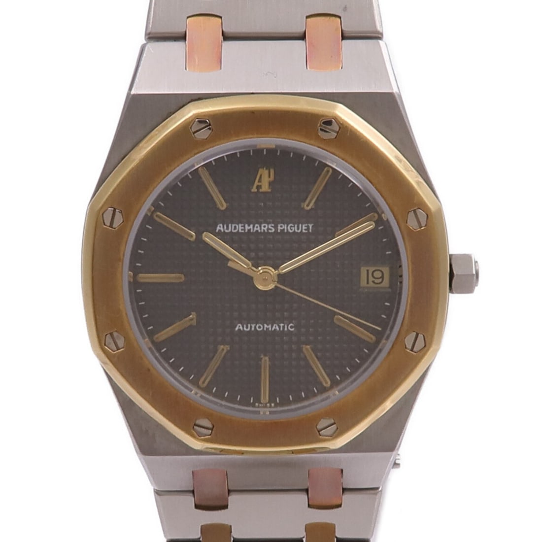 Royal Oak 4100SA Men's Automatic Gray Dial Watch in Yellow Gold and Steel: Royal Oak 4100SA Men's Automatic Gray Dial Watch in Yellow Gold and Steel This Audemars Piguet Royal Oak 4100SA is an automatic wristwatch crafted from 18K yellow gold and stainless steel. It features