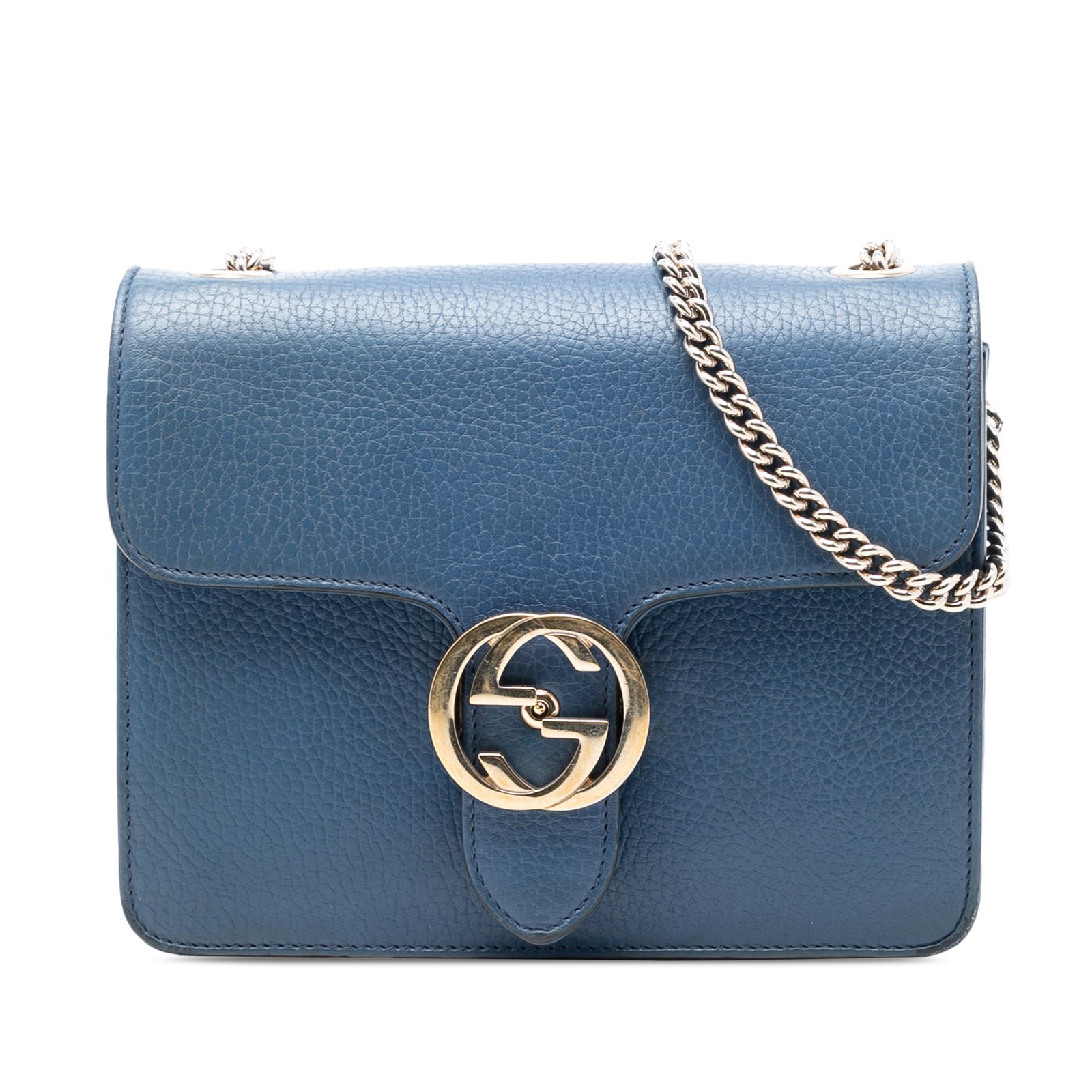 Blue Leather Gucci Interlocking G Small Crossbody Bag with Chain Strap: Blue Leather Gucci Interlocking G Small Crossbody Bag with Chain Strap This Gucci Small Dollar Calfskin Interlocking G Crossbody bag features a blue leather body with a chain-link shoulder strap and l