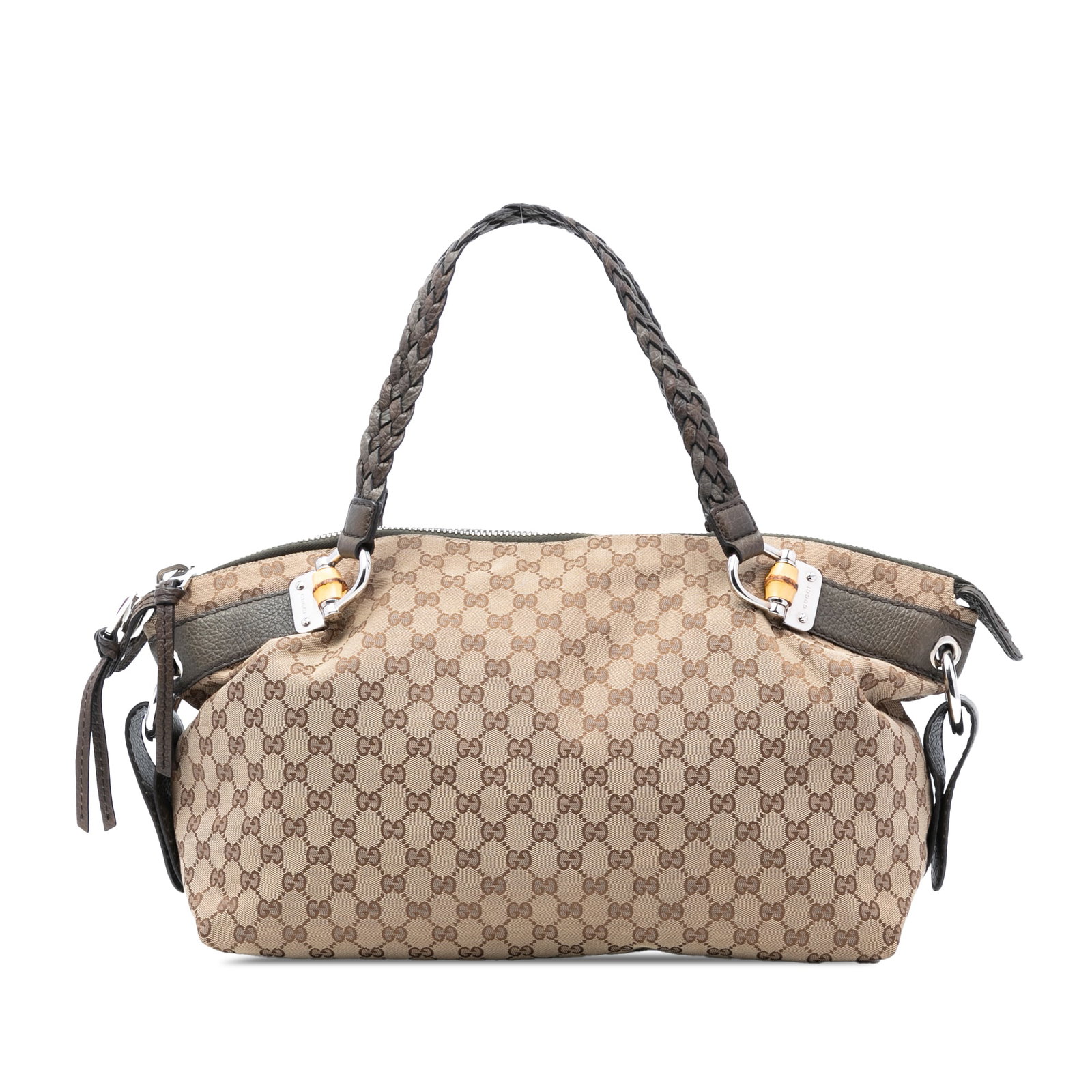 Gucci Bamboo Bar Tote Medium GG Canvas Beige with Braided Leather Handles: Gucci Bamboo Bar Tote Medium GG Canvas Beige with Braided Leather Handles This Gucci Medium GG Canvas Bamboo Bar Tote features a canvas body with leather trim, braided leather straps, a top zip closur