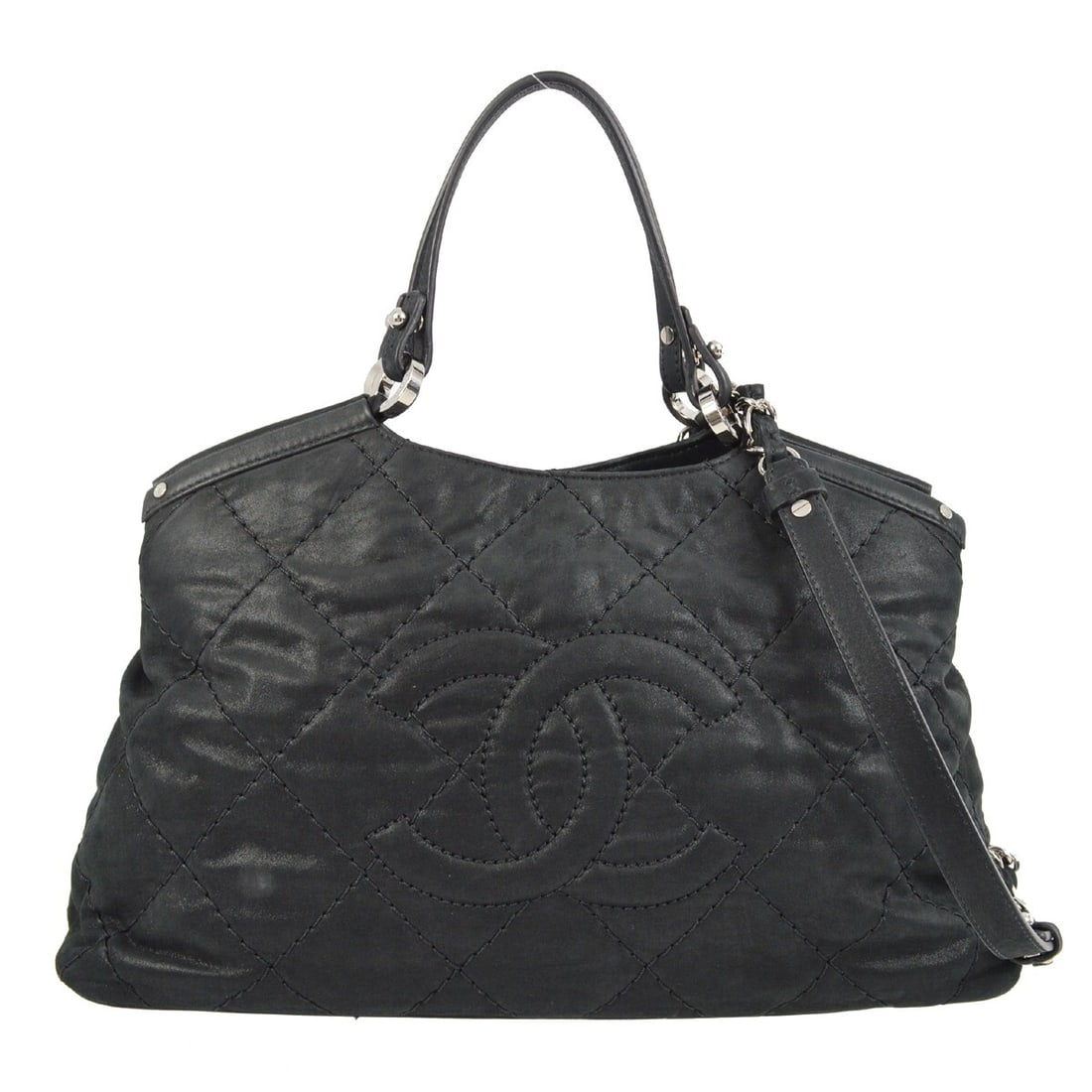 Chanel Black Glitter Quilted Wild Stitch 2way Tote Handbag: Chanel Black Glitter Quilted Wild Stitch 2way Tote Handbag This Chanel Black Glitter Fabric Wild Stitch 2way Tote Handbag is a stylish and versatile accessory perfect for casual occasions. The bag fea