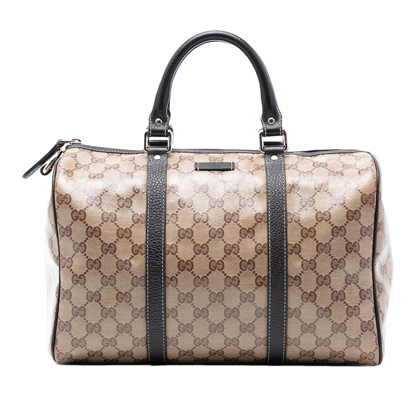 Gucci Joy Boston Bag Medium GG Crystal Coated Canvas with Leather Trim: Gucci Joy Boston Bag Medium GG Crystal Coated Canvas with Leather Trim This Gucci Medium GG Crystal Joy Boston Bag features a coated canvas body with leather trim, rolled leather handles, a top zip cl