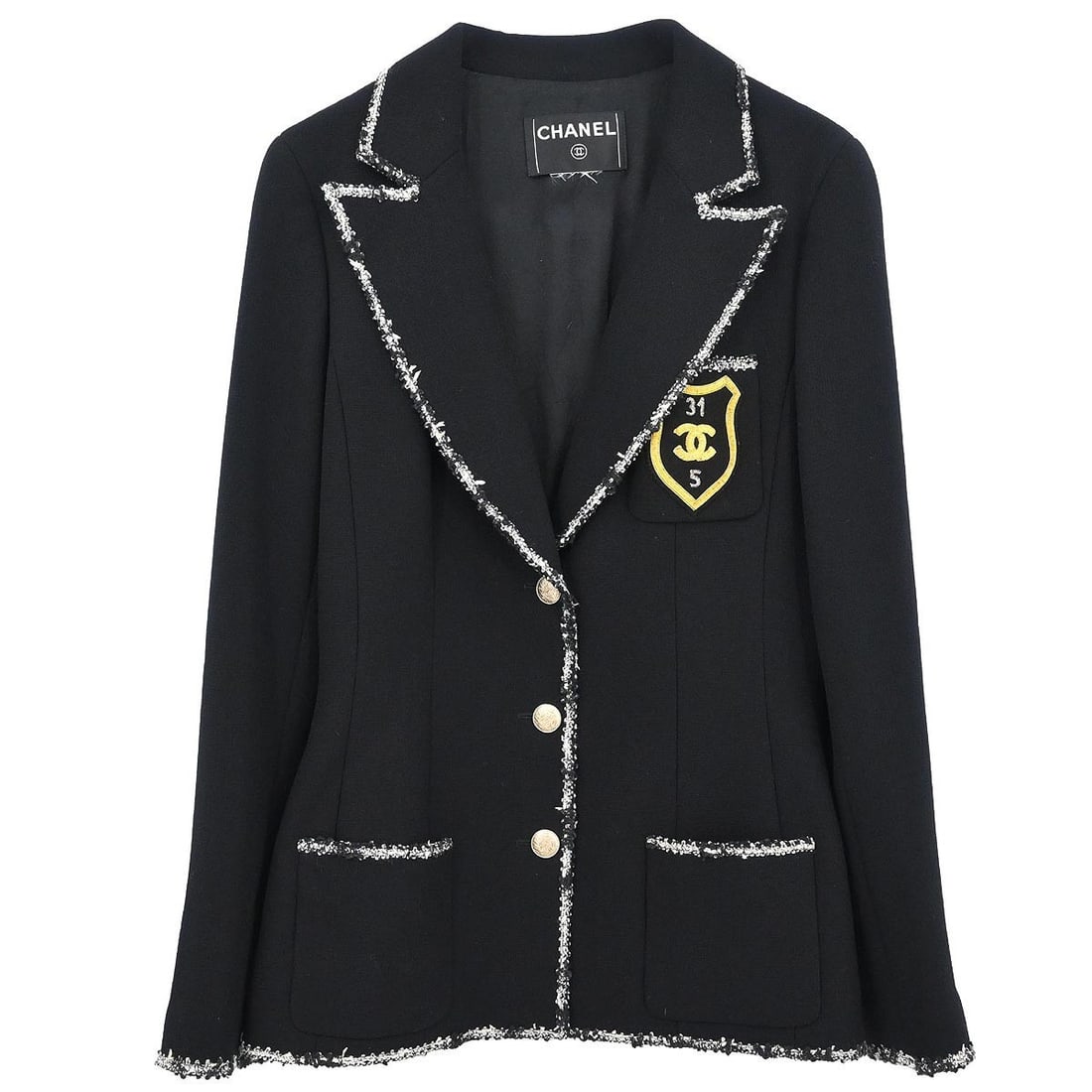 Chanel Black Wool Mid-Length Logo Accent Single Breasted Jacket (1 of 11)