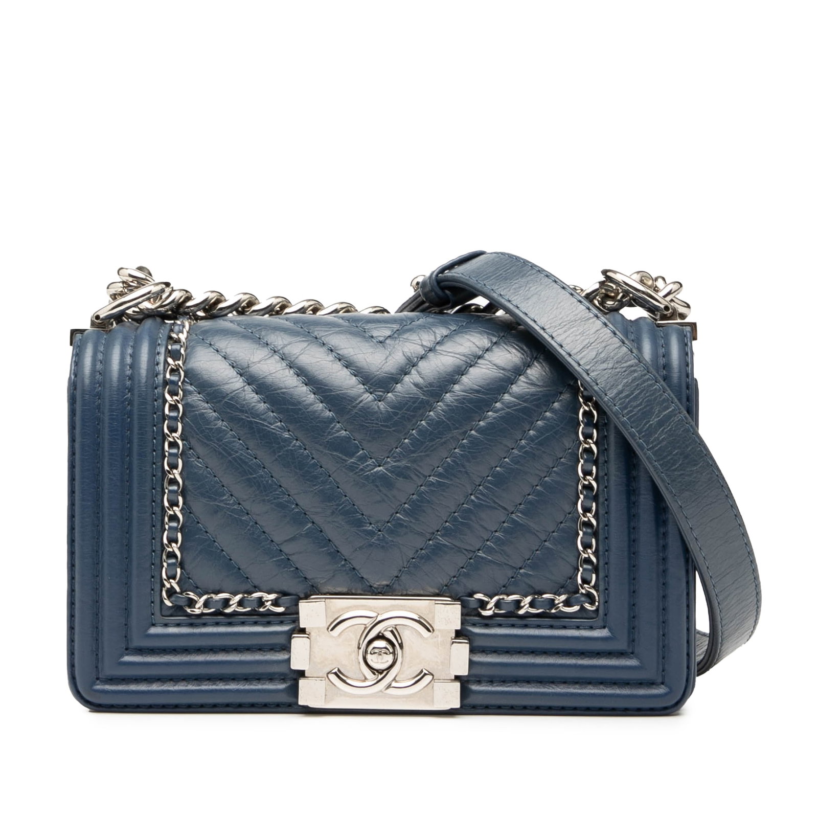 Chanel Small Chevron Blue Aged Calfskin Boy Flap Bag (1 of 8)