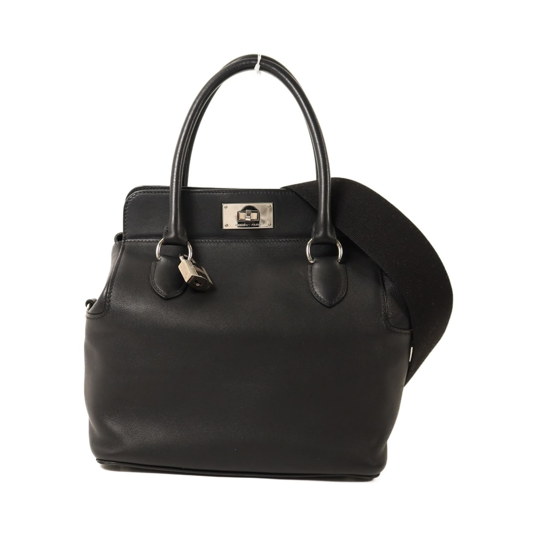 Noir Swift Leather Toolbox 20 Shoulder Bag with Palladium Hardware: Noir Swift Leather Toolbox 20 Shoulder Bag with Palladium Hardware This Hermes Tool Box 20 is a versatile 2-way shoulder bag crafted from supple black calfskin (Vaux Swift leather). Designed for women